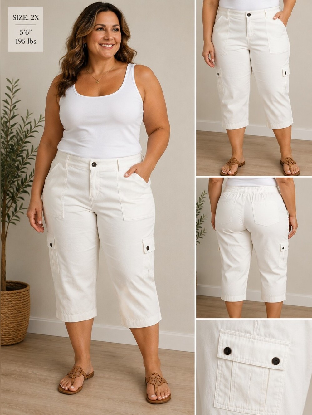 Ivory White Capri Cargo Pants XXL Lightweight Utility Pocket Casual Summer Pants
